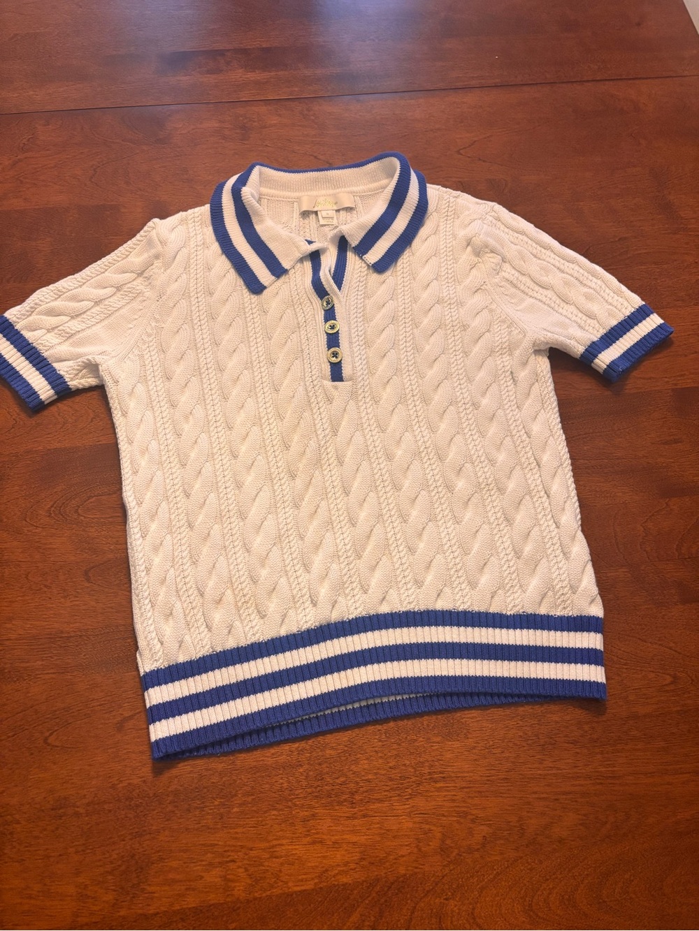 Lilly Pulitzer White Cable-Knit Polo with Blue Trim